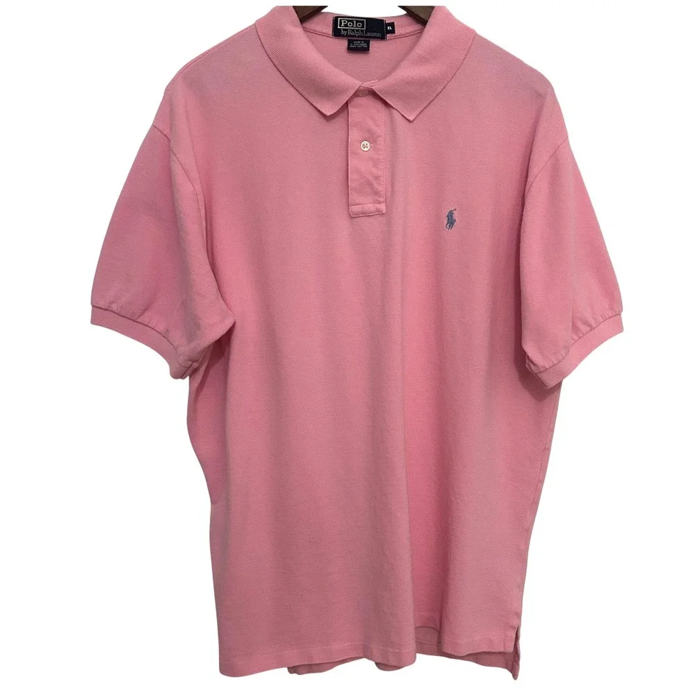 Polo‎ Ralph Lauren Mens XL Pink Short Sleeve Pique Cotton Polo Shirt Blue Pony
